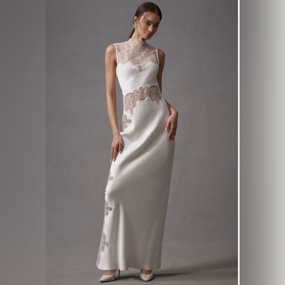 Shona Joy High-Neck Stratus Lace Slim Maxi Dress